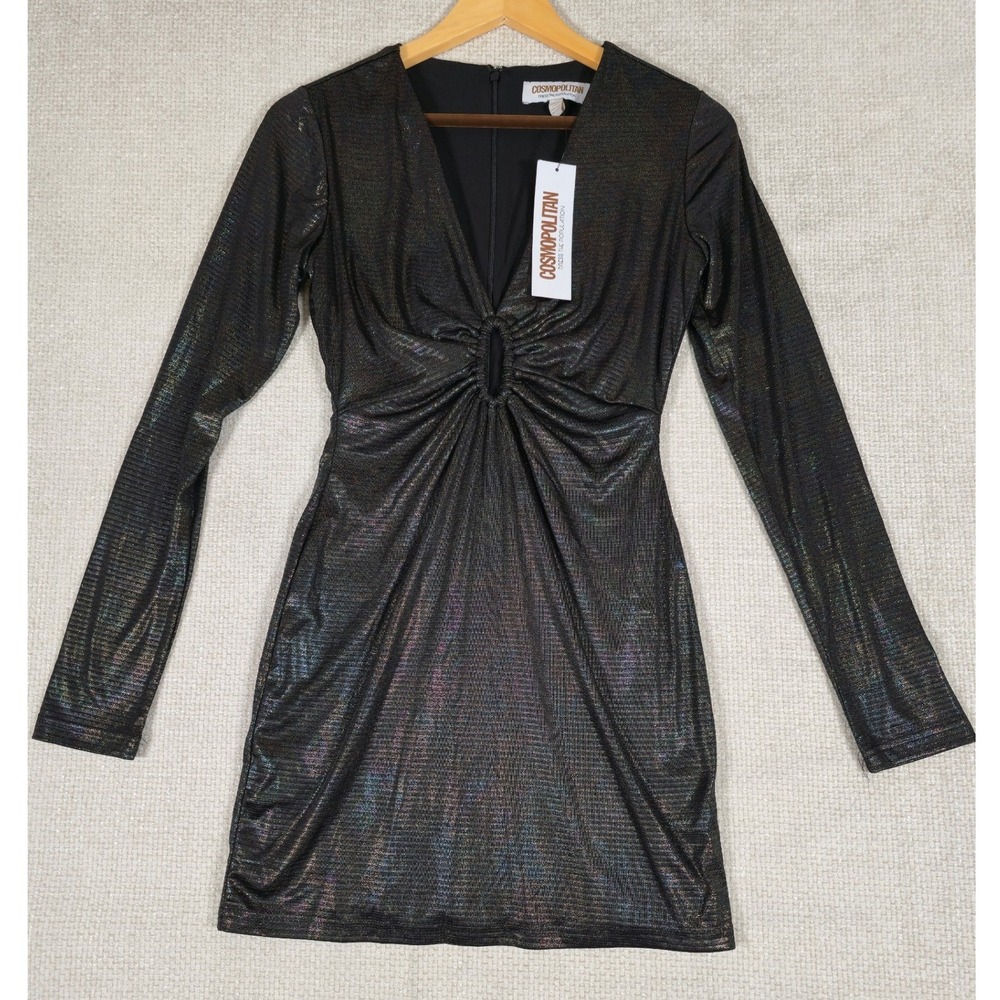 Cosmopolitan Dress‎ The Population Mini Dress Black Metallic Ruched V Neck Large